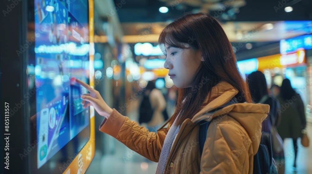 Information security can use technology to control and store systematically. Asia travel woman check in at automatic check in kiosk. Touching screen and choose flight detail and insert passport