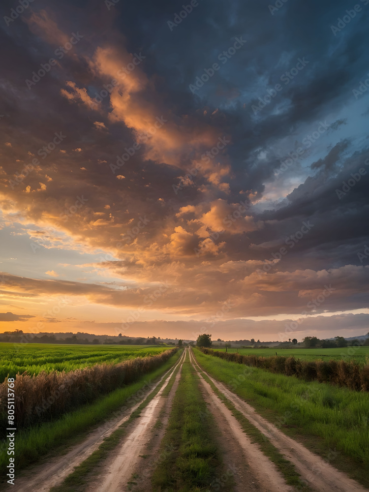 Rustic Charm, Lush Fields, Empty Road, Sunset Clouds.