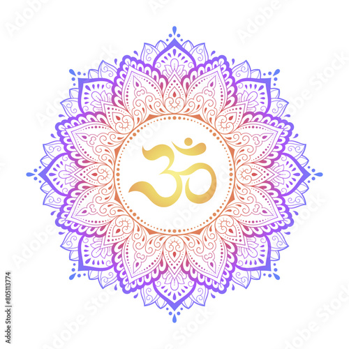 Color Circular pattern in form of mandala with ancient Hindu mantra OM and flower for Henna, Mehndi, decoration. Decorative ornament in oriental style. Rainbow design on white background.
