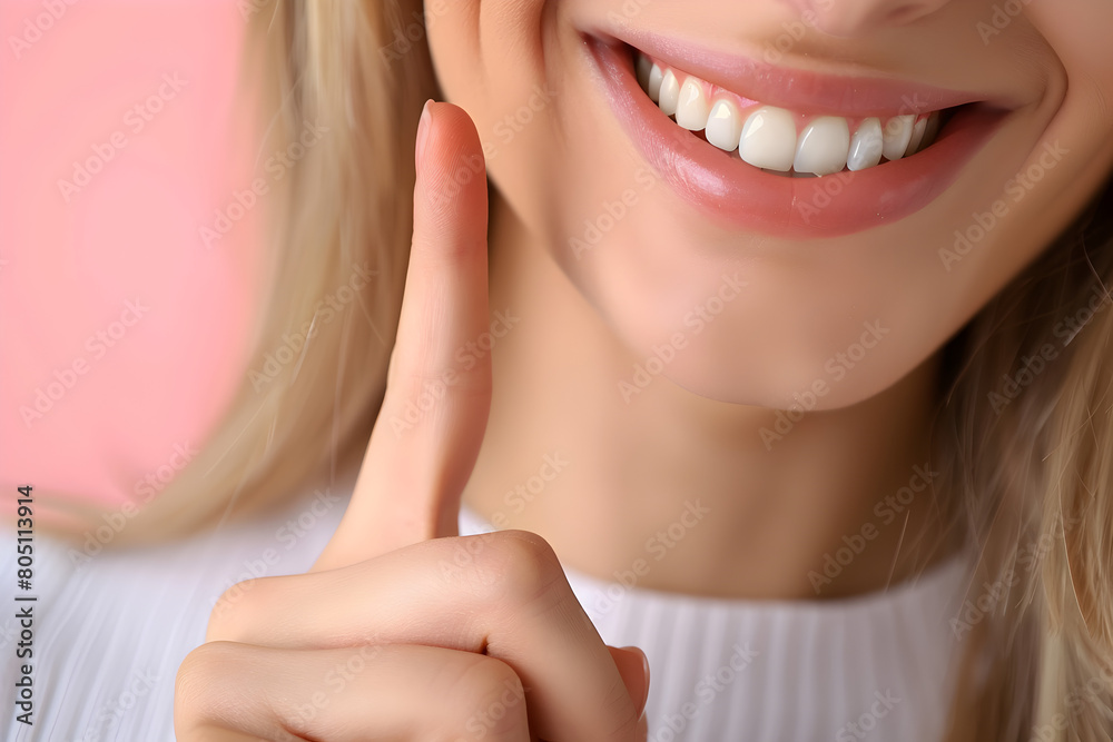 Joyful Woman Gesturing Towards Her Perfect, Radiant Teeth, Great for Toothpaste Ads, Featuring Prominent Space for Copy. Joyful Woman Gesturing Towards Her Perfect, Radiant Teeth, Great for Toothpaste Ads, Featuring Prominent Space for Copy.
