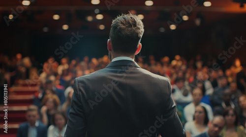 Back view of Man in business suit giving a speech on the stage in front of the audience. public motivational speaking