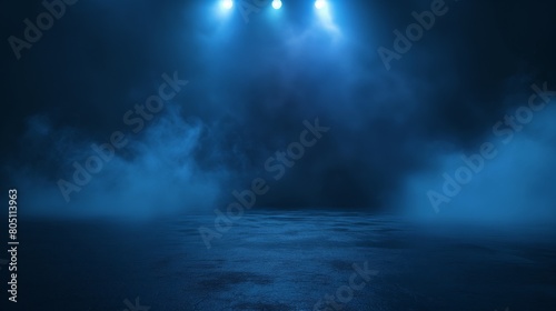 Abstract Dark Blue Empty Studio Room with Neon Lights and Spotlights