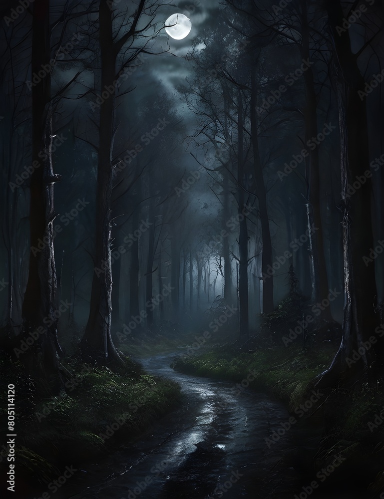 Fototapeta premium A dark gloomy forest in a moonlight night
