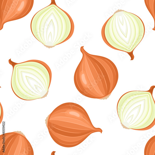 Brown onion bulb and slice. Vector seamless pattern. Vegetables background. Cartoon flat illustration.  © Iv85