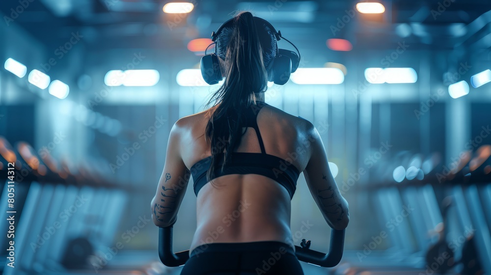 Fototapeta premium Athlete on a Virtual Reality Spin Bike Immersed in a Dynamic Fitness Class