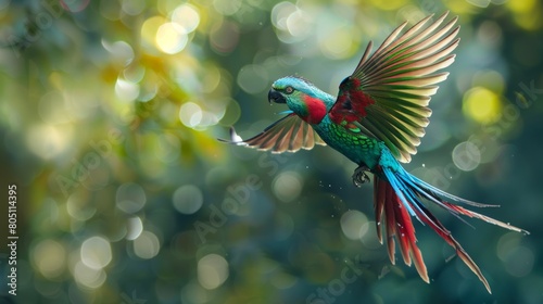 In the Realm of Avian Splendor. Behold the Magnificence of the Flying Quetzal, Gracefully Soaring Amidst the Verdant Beauty of the Forest photo