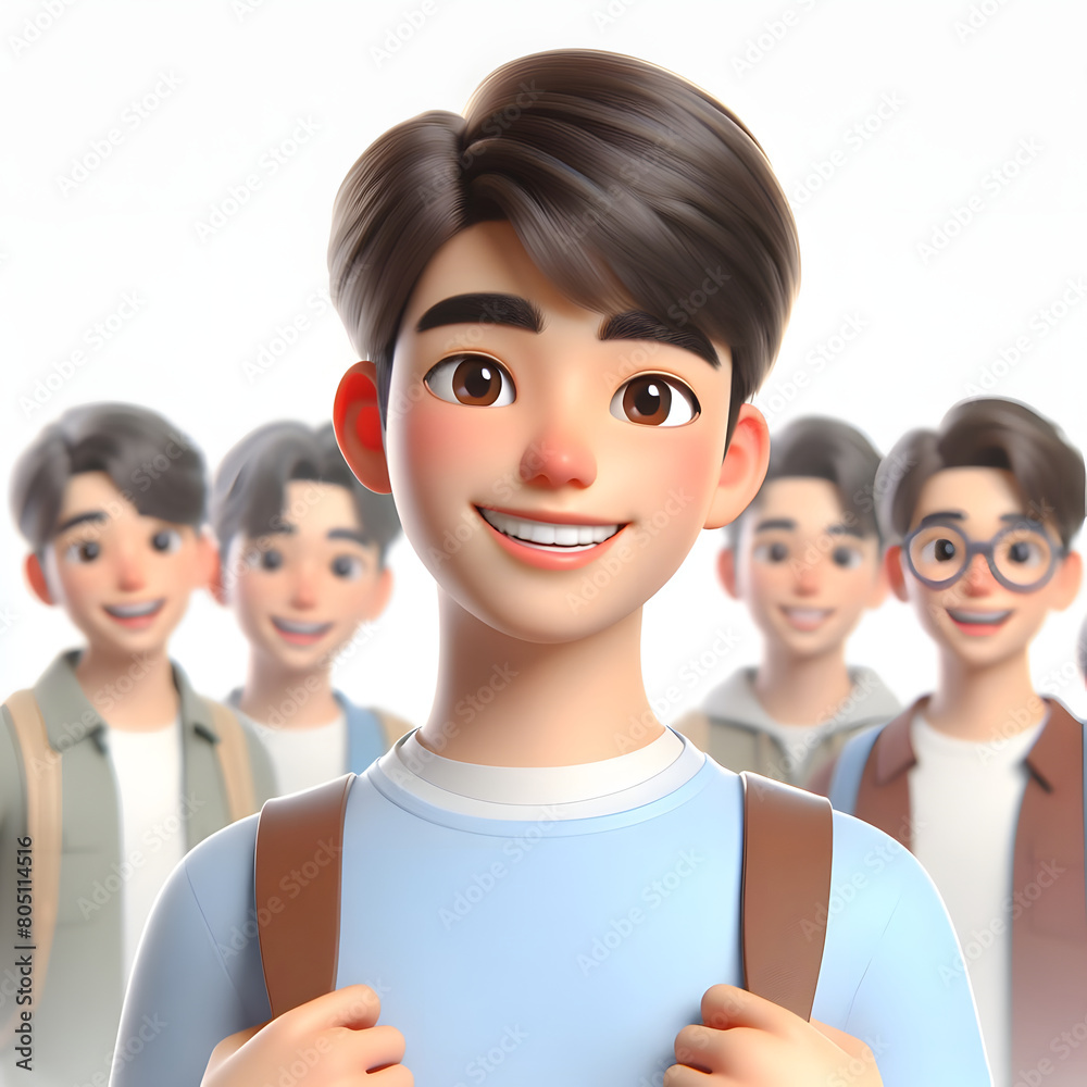 Happy Asian cartoon character boy, young man portrait, male, Smile, Happy mood, feeling expression concept, Isolated on a white background
