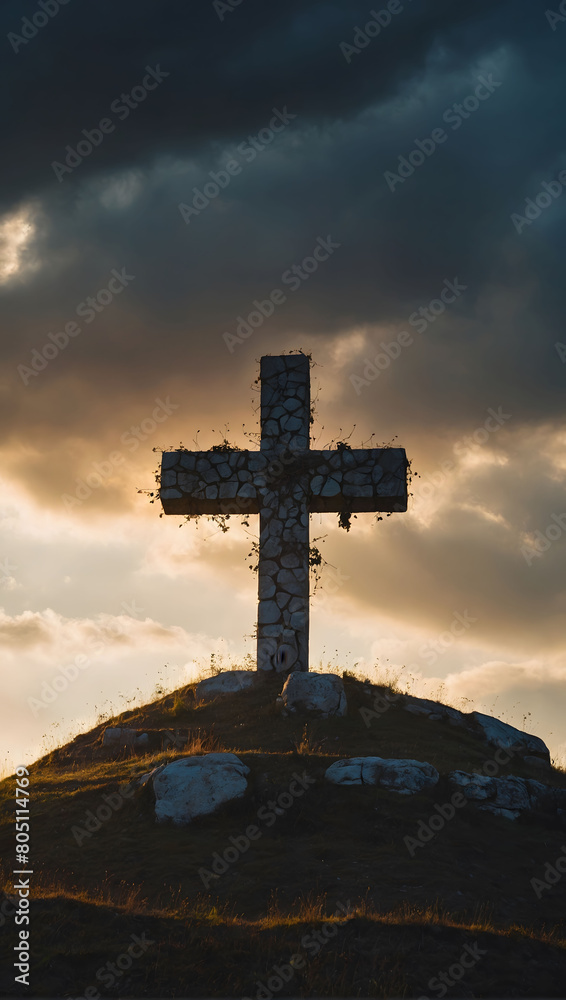 Sacred cross on Golgotha Hill, bathed in divine light and clouds, alluding to Jesus Christ's resurrection and the apocalypse.