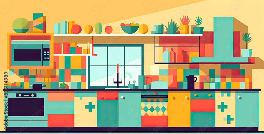 Fototapeta Kitchen interior flat vector illustration style.