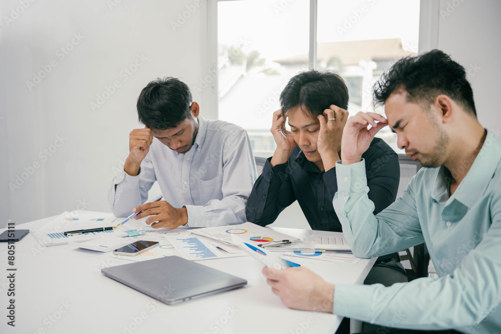 Obraz premium Three men are sitting at a table with papers and laptops