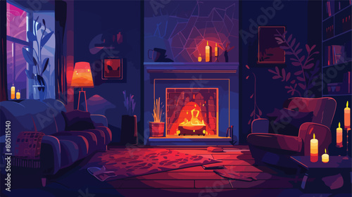 Interior of dark living room with fireplace burning c photo