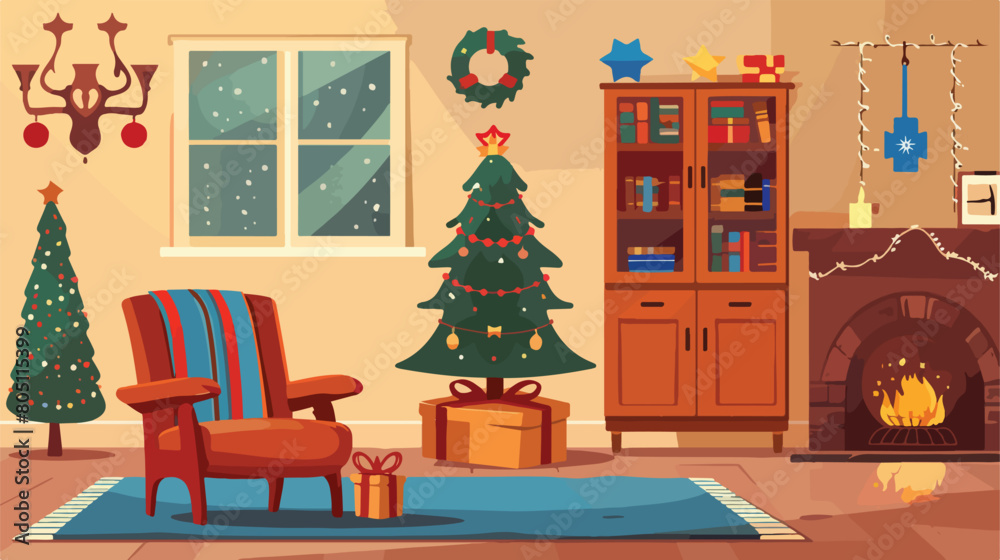 Interior of festive living room with armchair wooden
