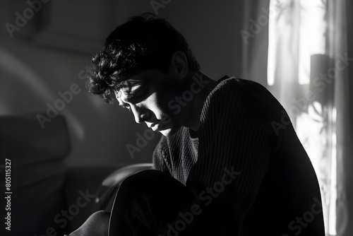 Intense Snapshot of a Young Man with His Head Down, a Metaphor for the Struggle Against Mental Health Problems in Young Males.