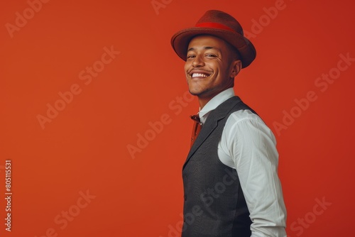 Stylish georgian man smiling at camera in elegant attire on solid color background photo