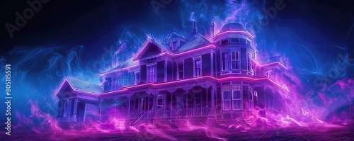 A haunted house with a glowing purple light. photo