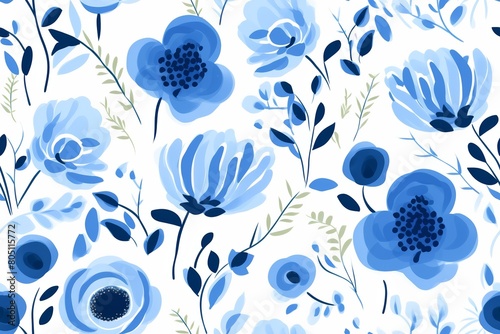 A seamless pattern of blue flowers and leaves on a white background.