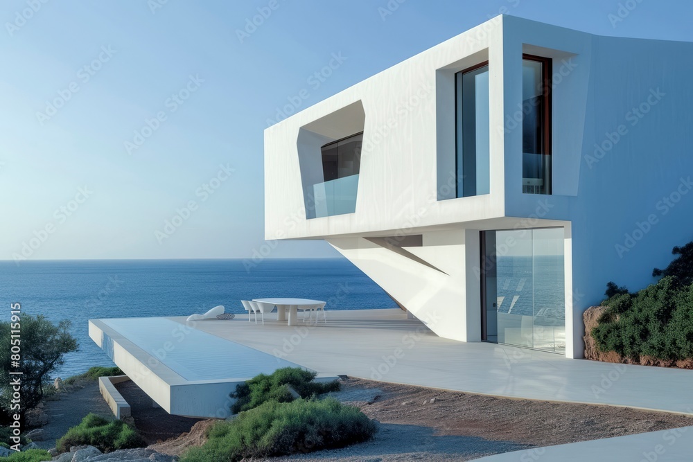 Architectural marvel: A modern house overlooking the ocean, blending futuristic design with natural elements for a serene vista