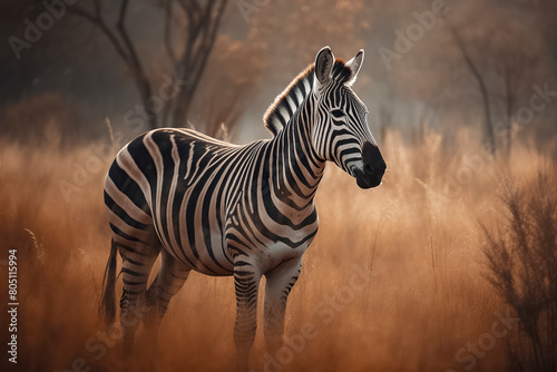 a zebra standing amidst tall golden grass  with bare trees and a soft glow of light in the background
