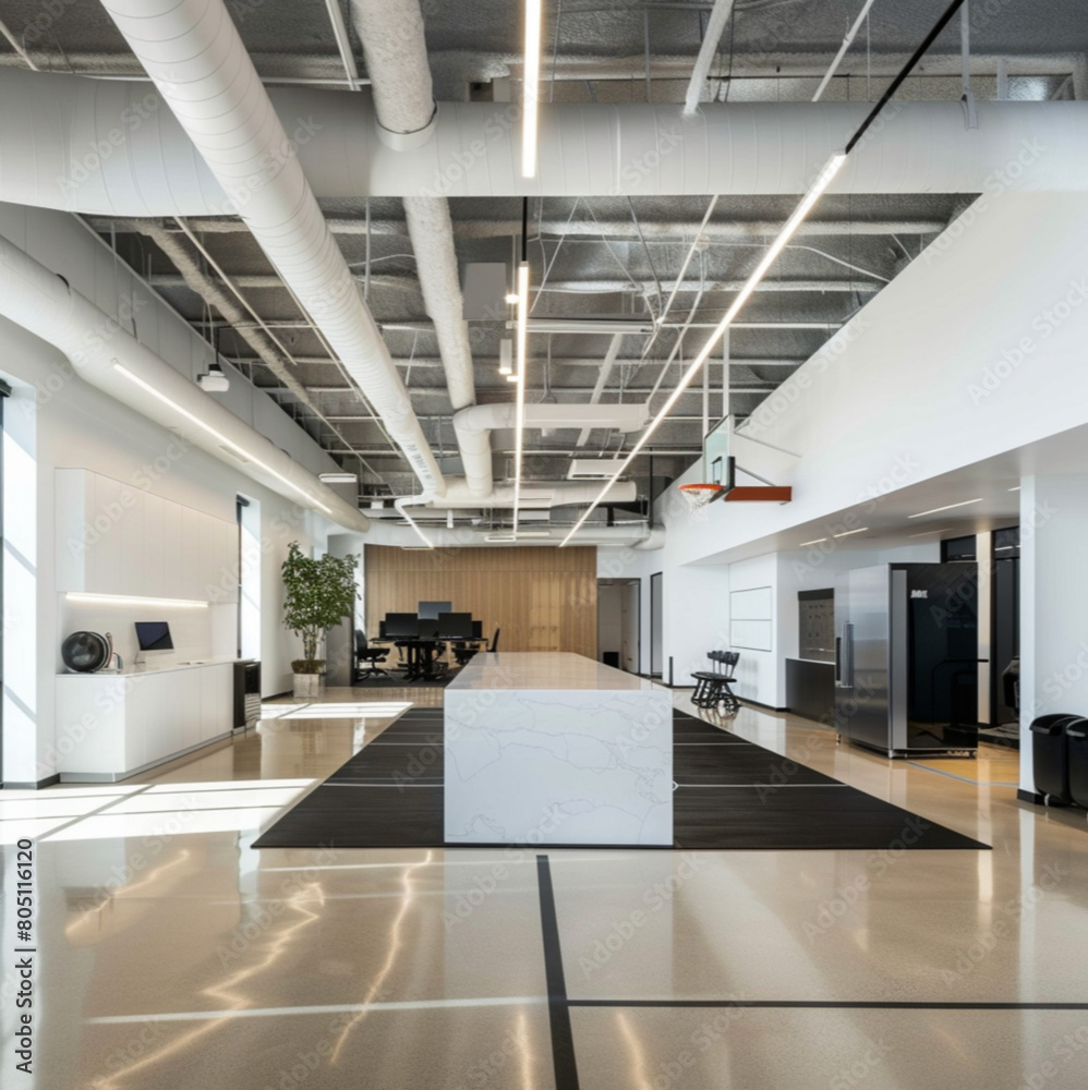 a modern white rectangular office space. light brown floors, black floor mats, gym equipment, office desks, a kitchen. add a basketball hoop a modern white rectangular office space. light brown floors, black floor mats, gym equipment, office desks, a kitchen. add a basketball hoop