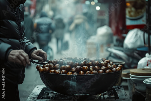 a person roasting chestnuts on a busy street, embodying the vibrant culture of street food photo