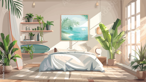 Interior of light bedroom with surfboard houseplants