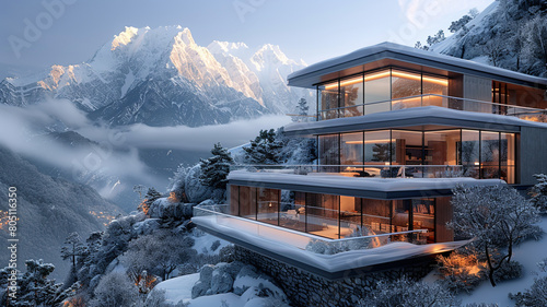 A sleek, glass-enclosed home with expansive balconies, situated amidst a snowy mountain landscape, offering panoramic views of snow-capped peaks and alpine forests.