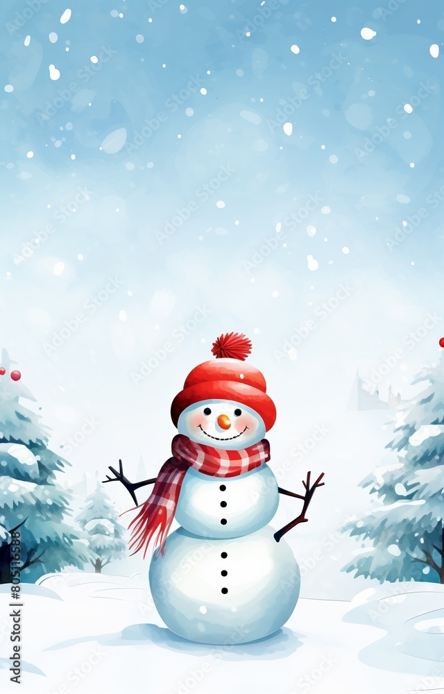 A watercolor painting of a snowman wearing a red hat and scarf, standing in a snowy forest.
