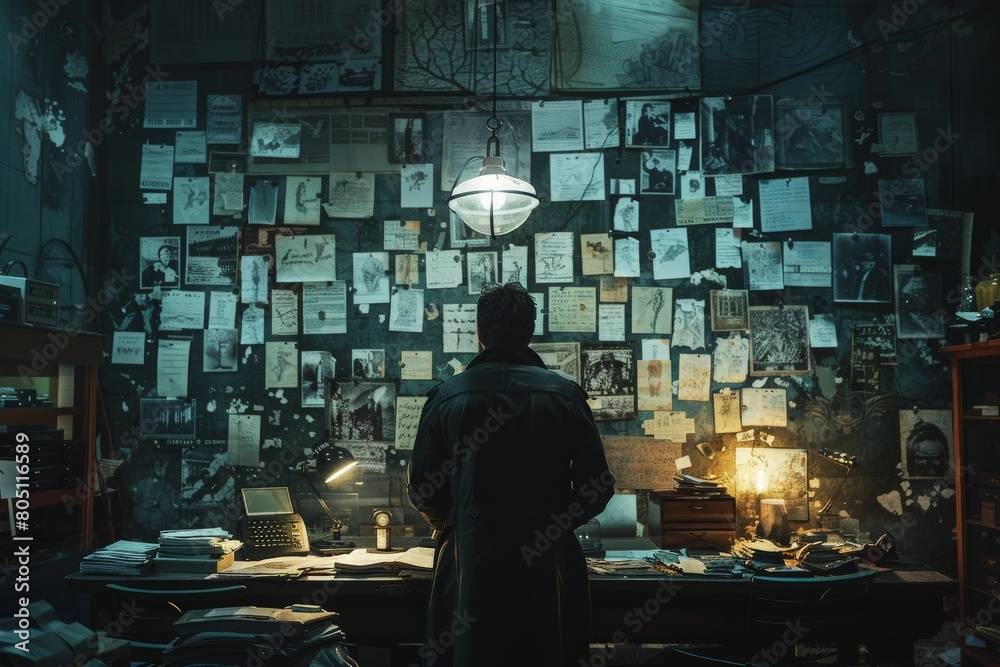 A dark and mysterious room with a man standing in front of a wall covered in papers and newspaper clippings.