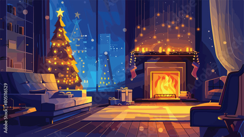 Interior of light living room with fireplace Christma photo