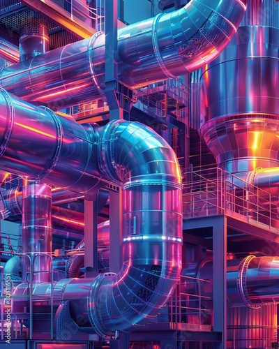 The image shows a colorful industrial scene with pipes and valves. photo