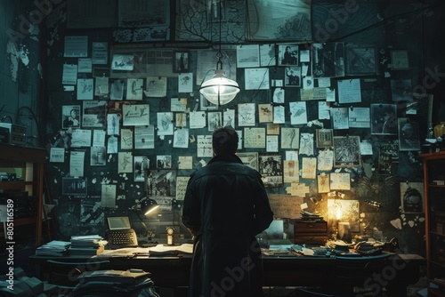 A dark and mysterious room with a man standing in front of a wall covered in papers and newspaper clippings.