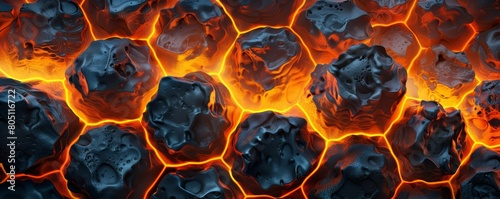 Lava honeycomb background, a close up of a glowing lava rock wall hexagons photo