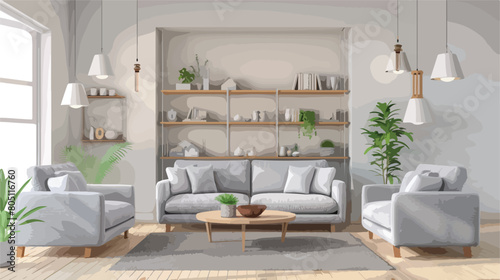 Interior of light living room with grey sofas and she