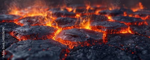 Lava honeycomb background, lava flow over cracked hexagons