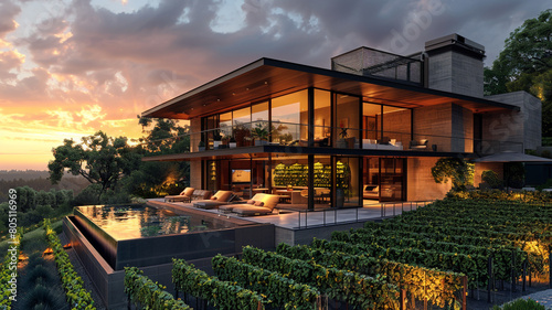 A sleek, glass-fronted residence with multiple balconies, situated on a hillside overlooking a picturesque vineyard, bathed in golden sunlight. photo