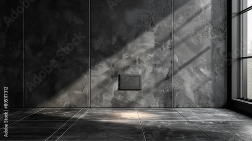 A monochromatic gray wall with a recessed switch in a modern apartment. photo