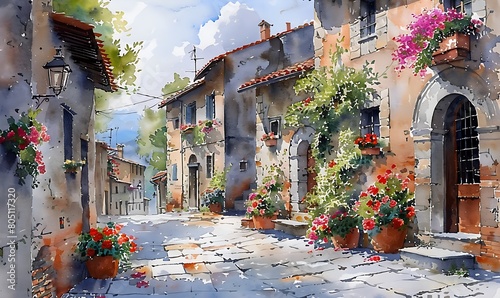 Fototapeta Naklejka Na Ścianę i Meble -  Florence streets with windows and houses and flowers in watercolor style