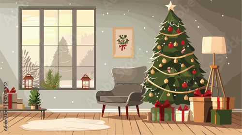 Interior of living room with Christmas tree gift boxe photo