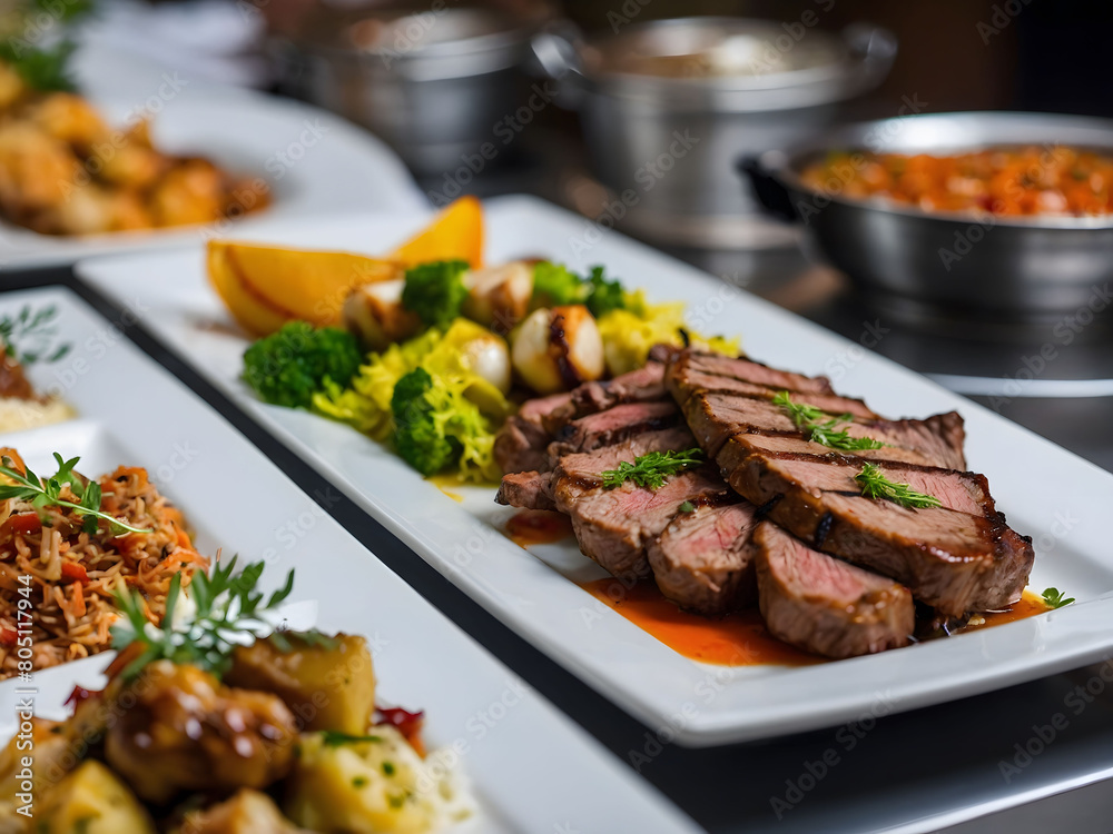 Savory Spread, Restaurant Catering Buffet Offering an Array of Grilled Meat Dishes Indoors. Savory Spread, Restaurant Catering Buffet Offering an Array of Grilled Meat Dishes Indoors.