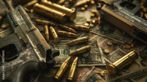 Bullets, money, weapons showing terroristic concept. hyper realistic  photo