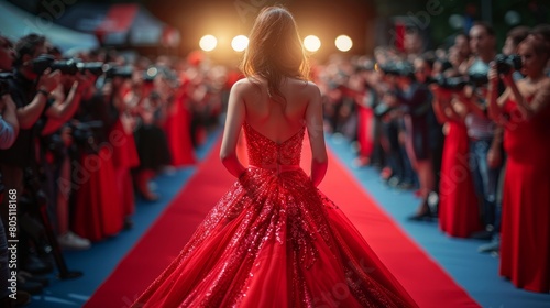 An Attractive Woman Gracefully Walks Down the Red Carpet in a Gorgeous Red Dress, Surrounded by Photographers Capturing Every Moment of Her Presence photo
