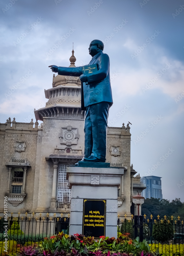 A majestic statue of Dr. B.R. Ambedkar stands tall, symbolizing ...
