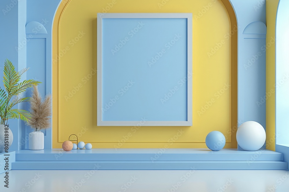 Blue and yellow 3D room with empty frame. Blue and yellow 3D room with empty frame.