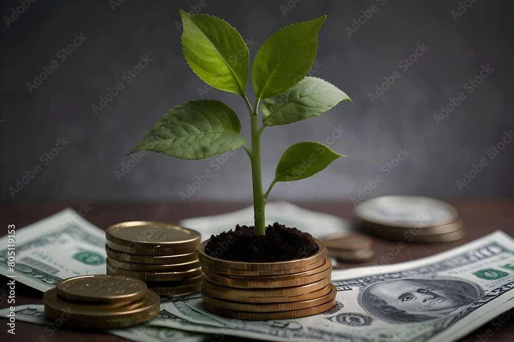 growth & success Money transforms into plant sprouts from coins & bills, symbolizing wise investment growth & success Money transforms into plant sprouts from coins & bills, symbolizing wise investment