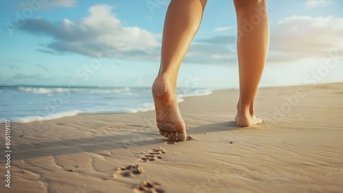 Close-up Back View Photo of a Woman's Barefoot Legs Walking on a Sandy Shoreline. Concept Beach Photography, Barefoot Adventure, Summer Vibes, Travel, Natural Beauty