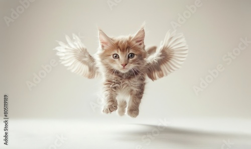 Flying Feline Fantasy A Graceful Kitten with Wings Soaring in the Air photo