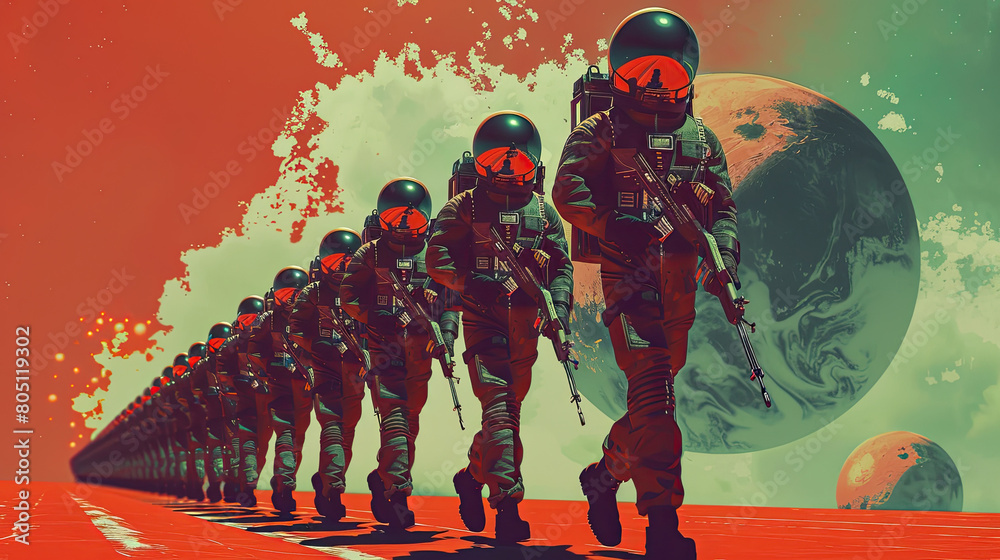 A group of astronauts in spacesuits with American flags, armed with rifles, march on the lunar surface with a flag and stars in the background A group of astronauts in spacesuits with American flags, armed with rifles, march on the lunar surface with a flag and stars in the background