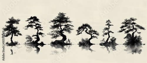A series of ink drawings featuring Japanesestyle trees, portrayed in a minimalist style that emphasizes their elegance and grace 8K , high-resolution, ultra HD,up32K HD photo