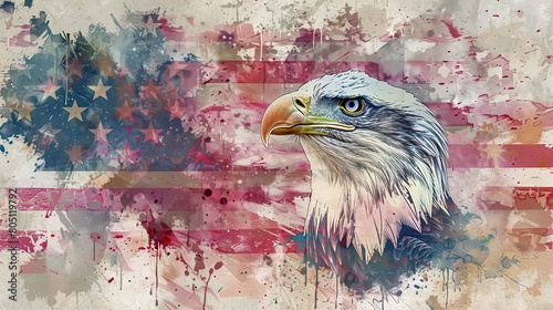 Bald Eagle, against an American flag background, symbolizing patriotism and national pride, against a tattered graffiti background, perfect for celebrating the 4th of July, Independence Day