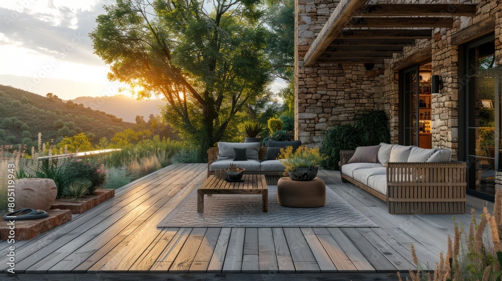 The outdoor terrace of the modern rustic farmhouse offers a blend of contemporary comfort and rustic charm The outdoor terrace of the modern rustic farmhouse offers a blend of contemporary comfort and rustic charm